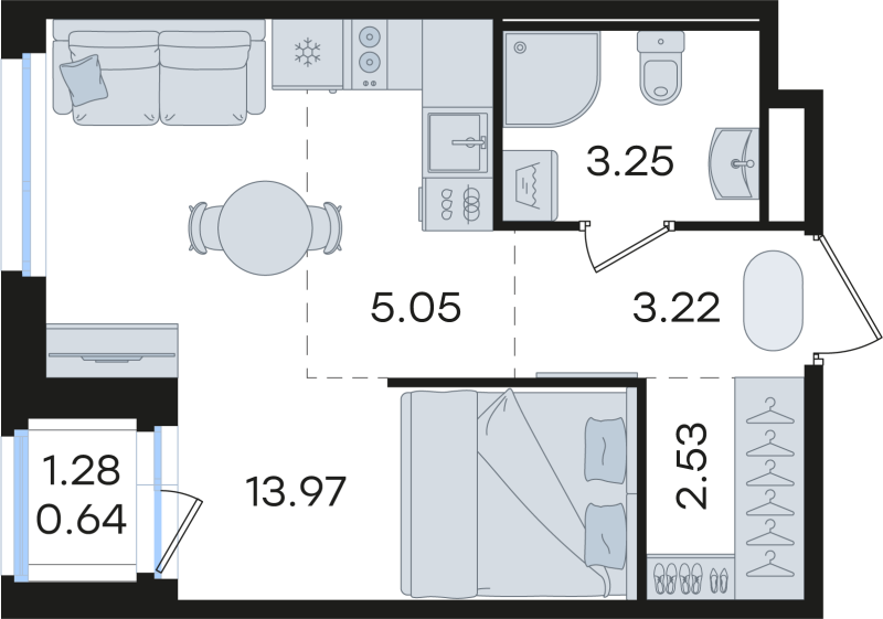Квартира-студия, 28.66 м² в ЖК "Романовка" - планировка, фото №1