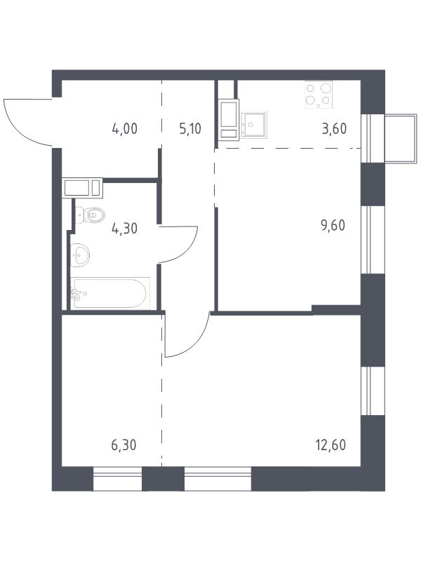 1-комнатная квартира, 45.5 м² - планировка, фото №1