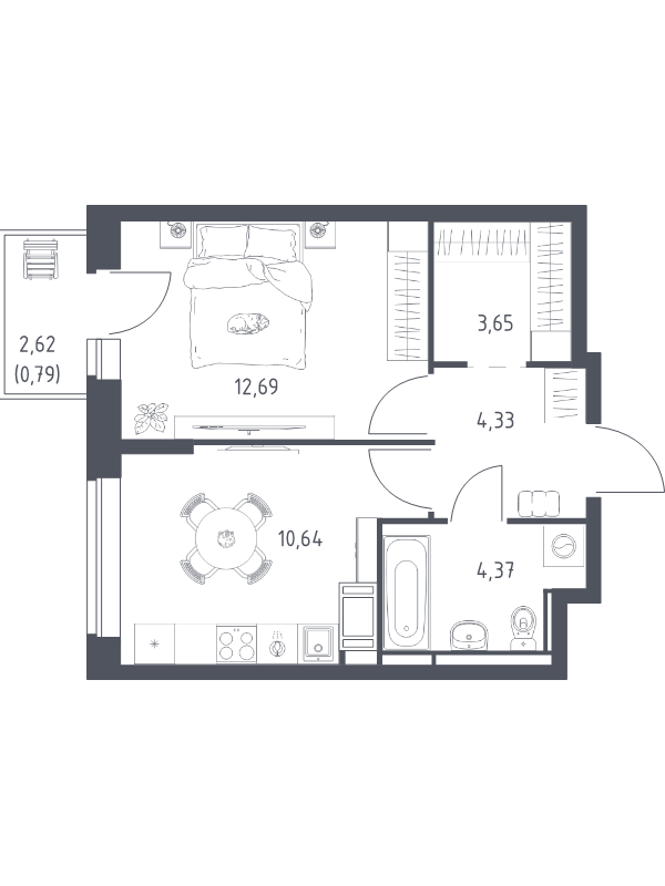 1-комнатная квартира, 36.47 м² в ЖК "Новое Колпино" - планировка, фото №1