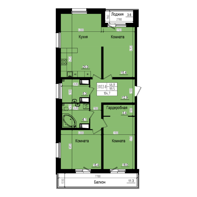 4-комнатная (Евро) квартира, 104.7 м² в ЖК "ПРАГМА city" - планировка, фото №1