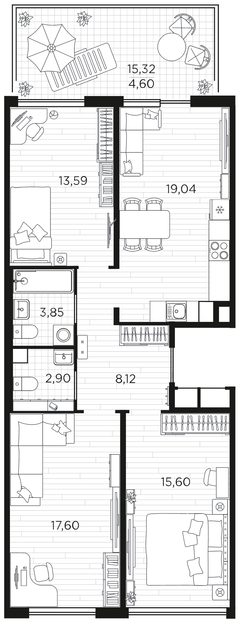 3-комнатная квартира, 85.3 м² в ЖК "PLUS Пулковский" - планировка, фото №1