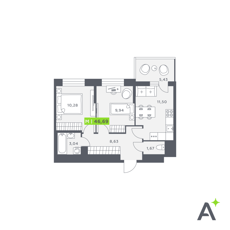 2-комнатная квартира, 46.69 м² в ЖК "Аквилон Verba" - планировка, фото №1