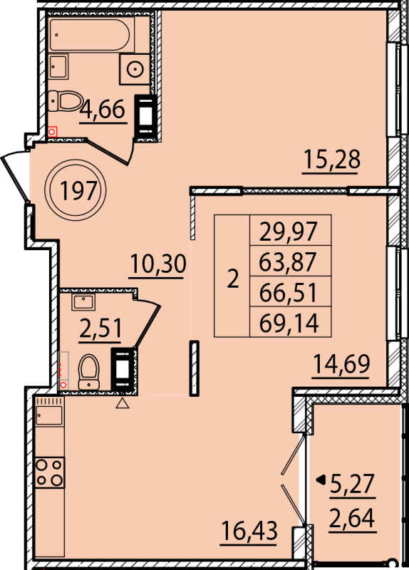 3-комнатная (Евро) квартира, 63.87 м² в ЖК "Образцовый квартал 15" - планировка, фото №1