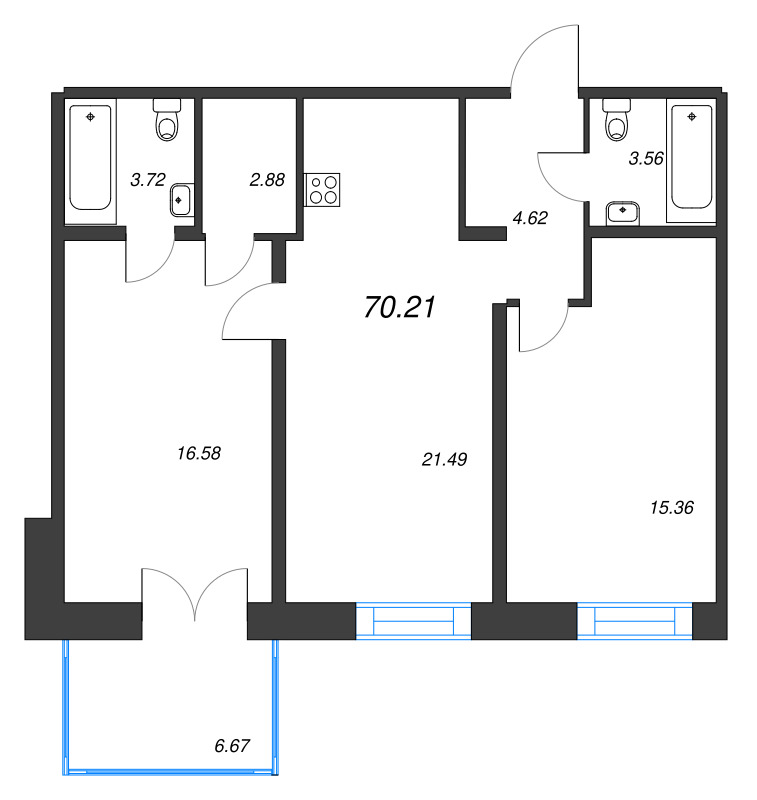 3-комнатная (Евро) квартира, 70.21 м² - планировка, фото №1