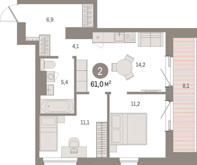2-комнатная квартира, 61 м² в ЖК "Северный ветер" - планировка, фото №1