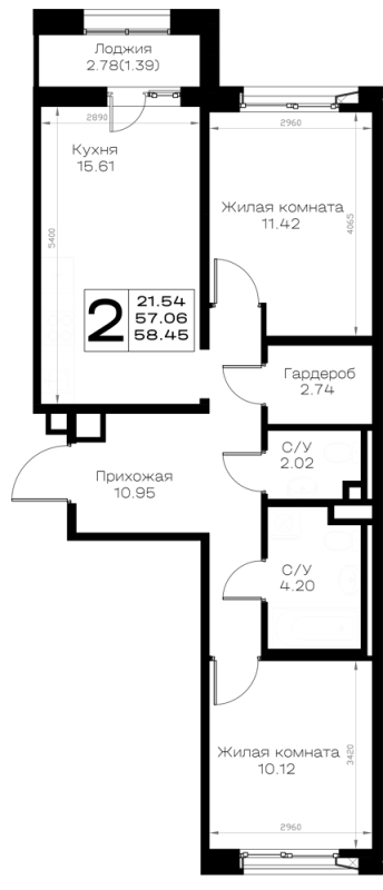 3-комнатная (Евро) квартира, 58.45 м² - планировка, фото №1
