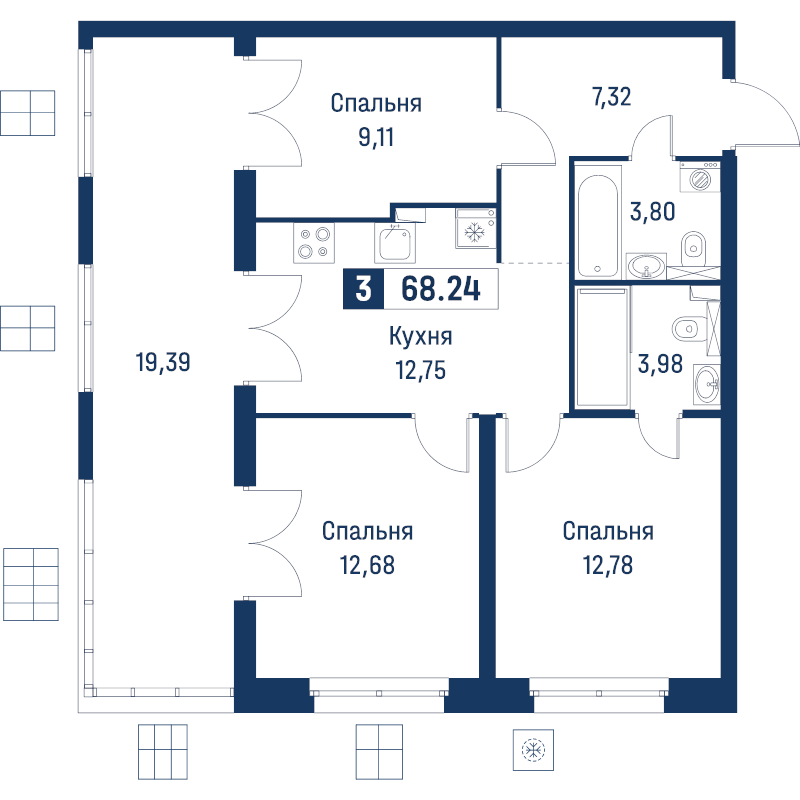 3-комнатная квартира, 68.24 м² в ЖК "Символист" - планировка, фото №1