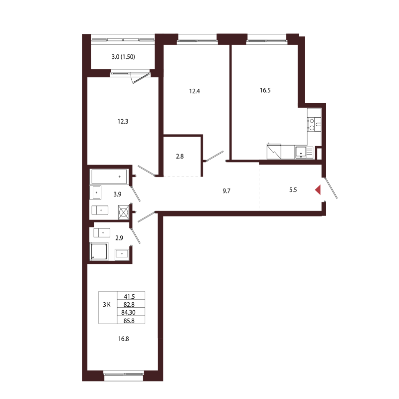 4-комнатная (Евро) квартира, 84.3 м² в ЖК "Лисино" - планировка, фото №1
