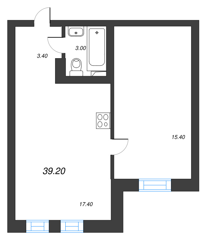 2-комнатная (Евро) квартира, 39.2 м² в ЖК "Эко Квартал Нега" - планировка, фото №1