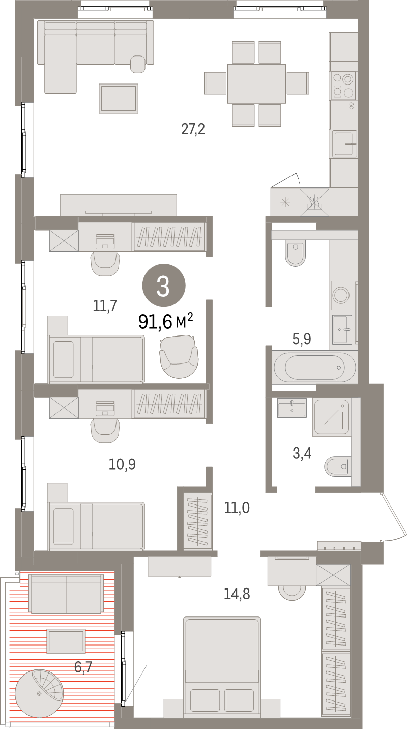 4-комнатная (Евро) квартира, 91.6 м² - планировка, фото №1