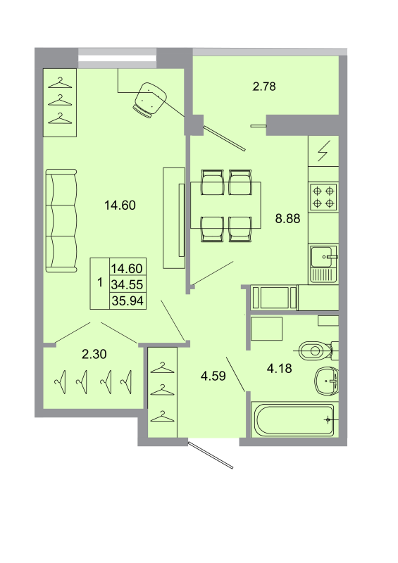 1-комнатная квартира, 34.9 м² в ЖК "Стороны света" - планировка, фото №1