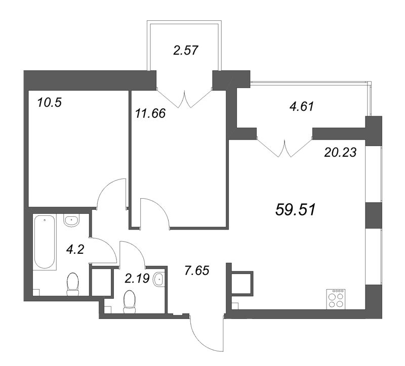 3-комнатная (Евро) квартира, 59.51 м² - планировка, фото №1