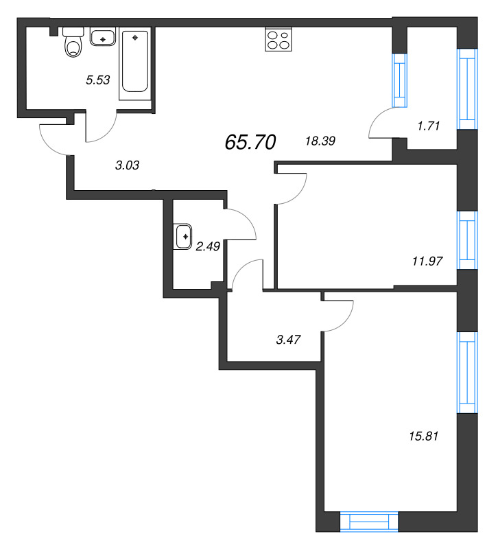 3-комнатная (Евро) квартира, 65.7 м² в ЖК "ORO by Akvilon" - планировка, фото №1