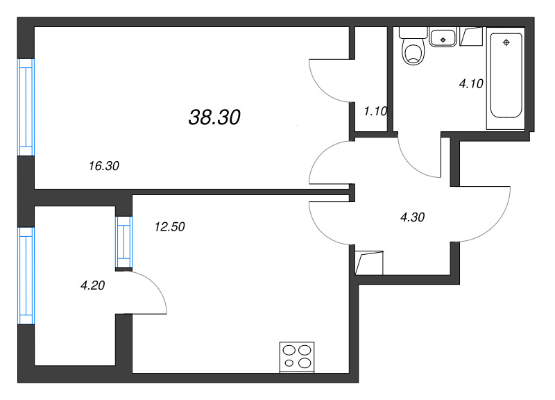 1-комнатная квартира, 38.3 м² в ЖК "ЮгТаун" - планировка, фото №1