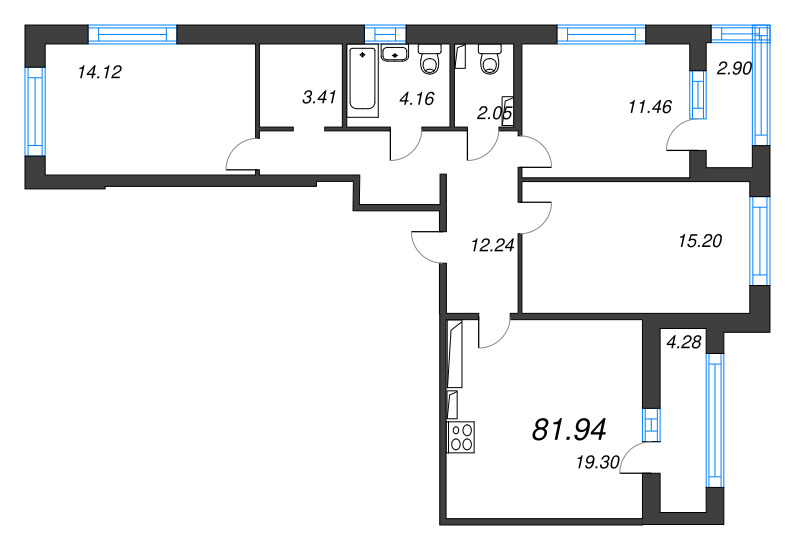 4-комнатная (Евро) квартира, 81.94 м² в ЖК "Б15" - планировка, фото №1