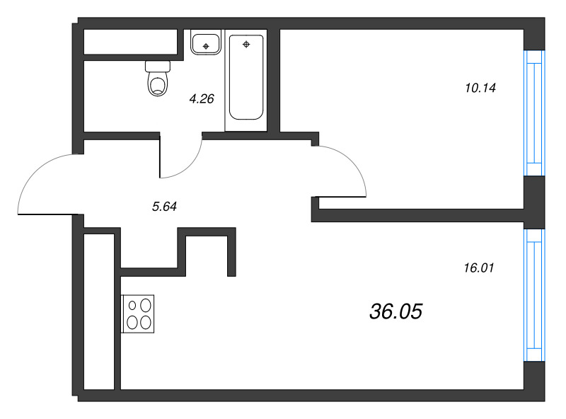 2-комнатная (Евро) квартира, 36.05 м² в ЖК "Legenda Васильевского" - планировка, фото №1