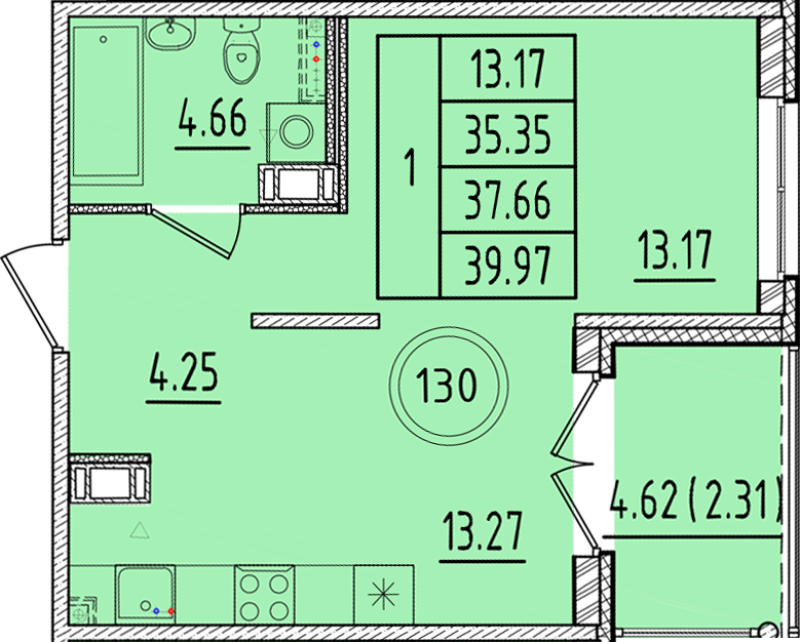 1-комнатная квартира, 35.35 м² в ЖК "Образцовый квартал 17" - планировка, фото №1