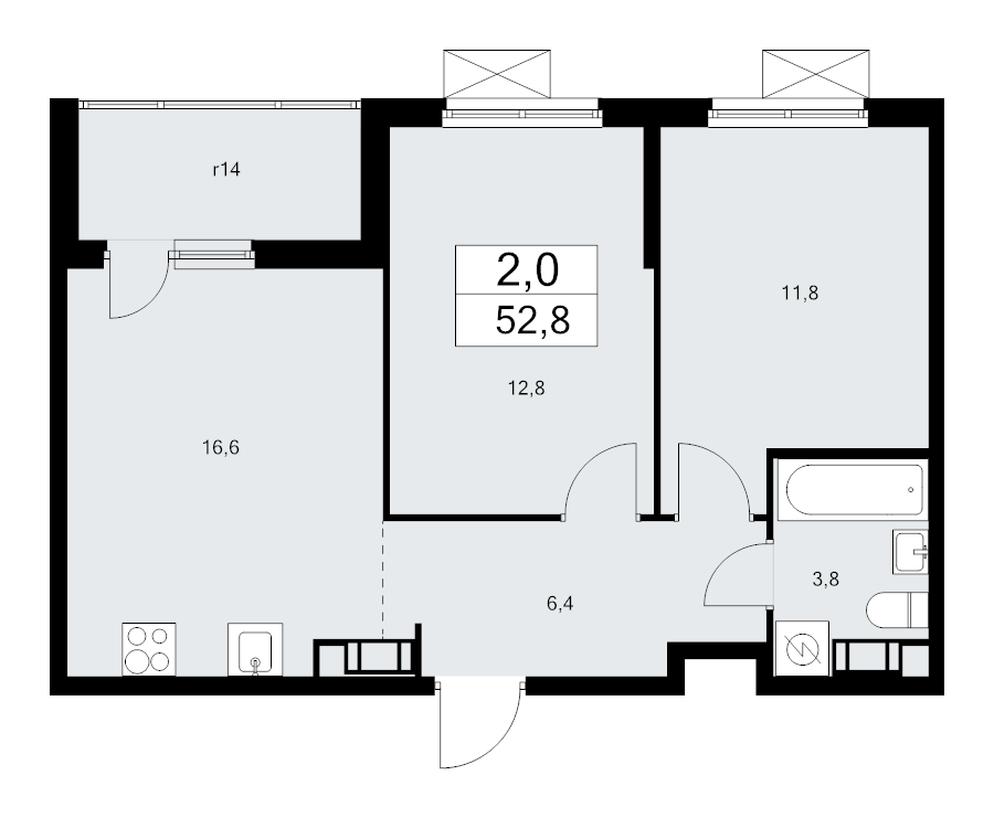 3-комнатная (Евро) квартира, 52.8 м² - планировка, фото №1
