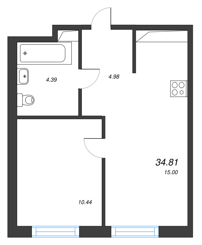2-комнатная (Евро) квартира, 34.81 м² в ЖК "Окла" - планировка, фото №1
