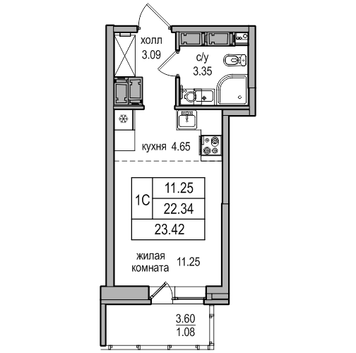 Квартира-студия, 23.6 м² в ЖК "Северная Долина" - планировка, фото №1