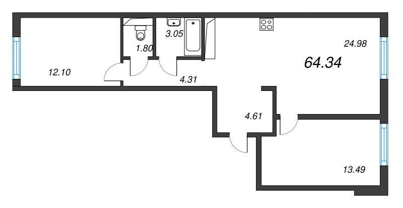 3-комнатная (Евро) квартира, 64.34 м² в ЖК "Легенда Васильевского" - планировка, фото №1