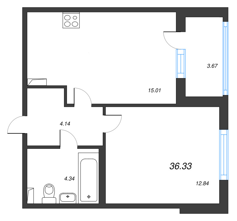 2-комнатная (Евро) квартира, 36.33 м² в ЖК "Любоград" - планировка, фото №1