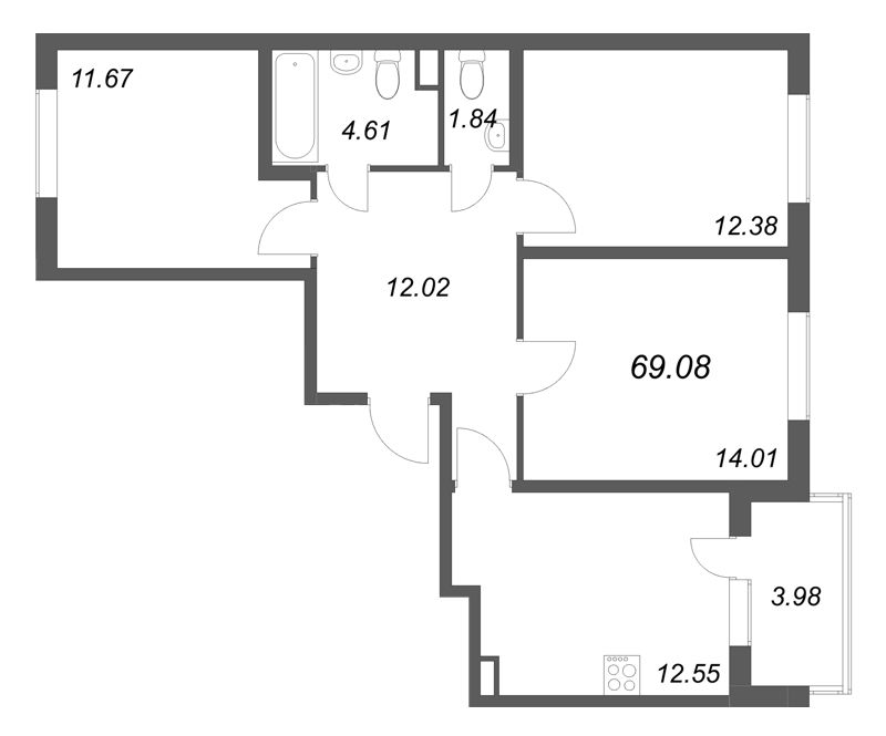 3-комнатная квартира, 69.08 м² в ЖК "ЮгТаун" - планировка, фото №1