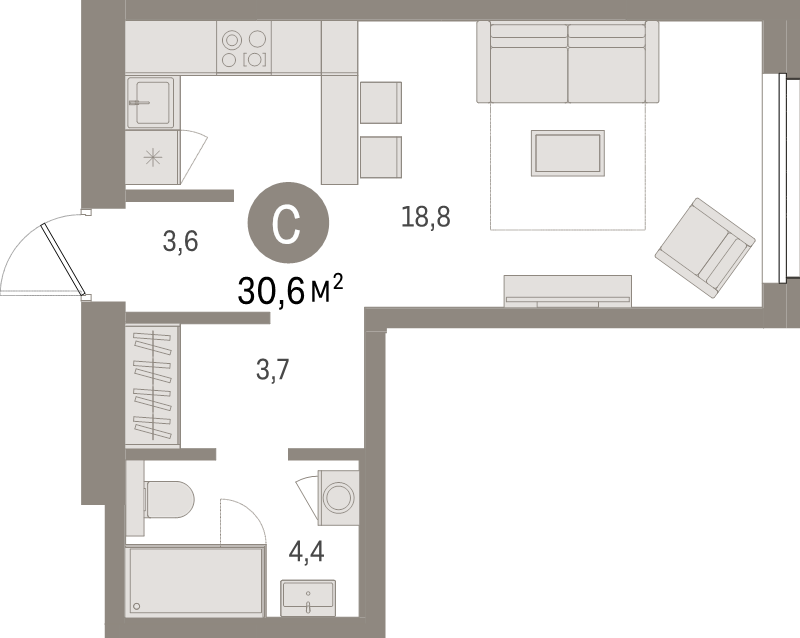 Квартира-студия, 30.6 м² в ЖК "Северный ветер" - планировка, фото №1