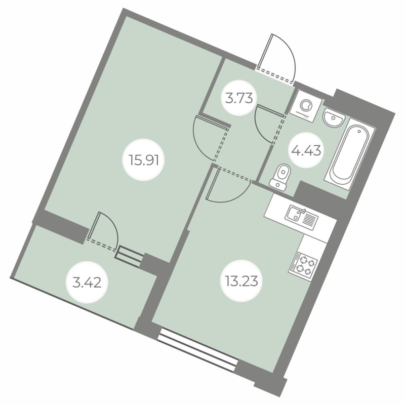 1-комнатная квартира, 39.01 м² - планировка, фото №1