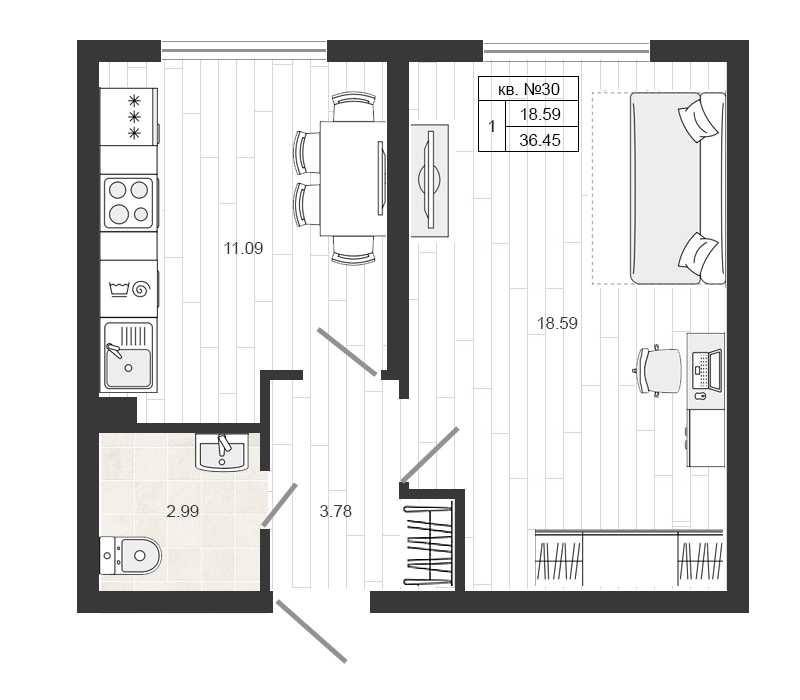 1-комнатная квартира, 36.45 м² в ЖК "Верево-сити" - планировка, фото №1