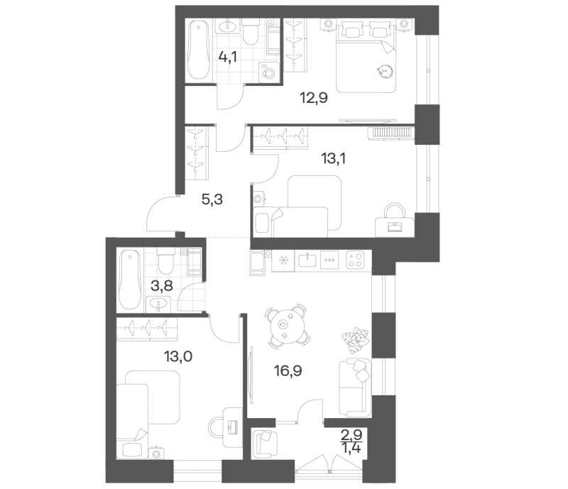 4-комнатная (Евро) квартира, 70.5 м² в ЖК "Новый Питер" - планировка, фото №1