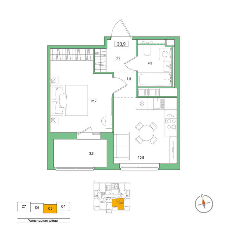 1-комнатная квартира, 33.9 м² - планировка, фото №1