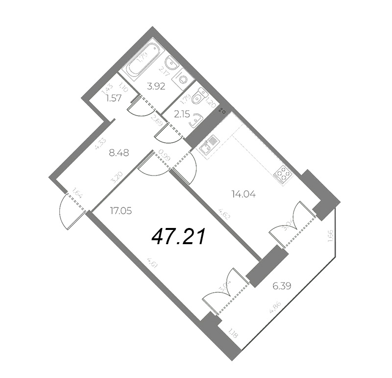 1-комнатная квартира, 50.41 м² - планировка, фото №1