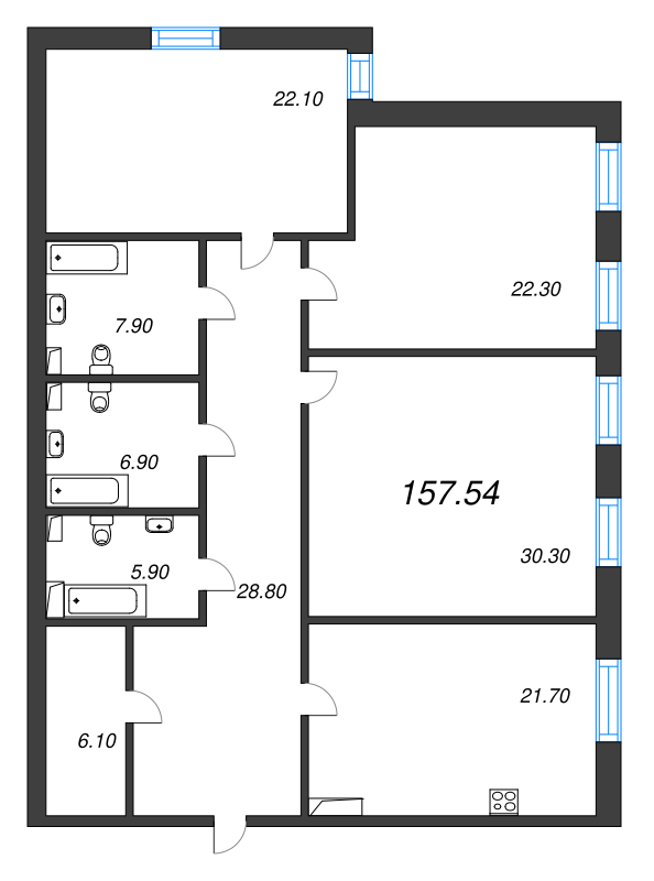 4-комнатная (Евро) квартира, 157 м² - планировка, фото №1