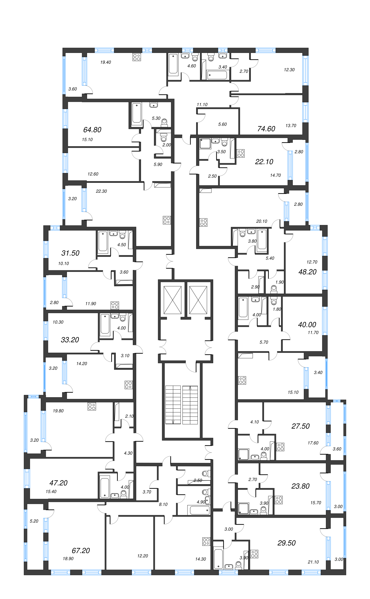 2-комнатная (Евро) квартира, 40 м² - планировка этажа