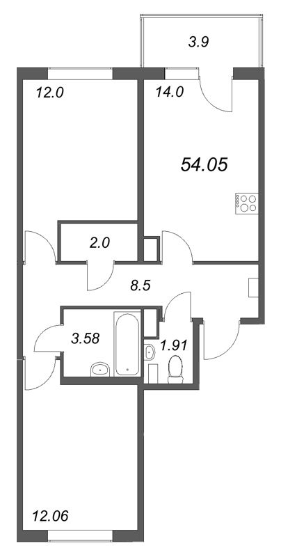 2-комнатная квартира, 54.05 м² в ЖК "Любоград" - планировка, фото №1