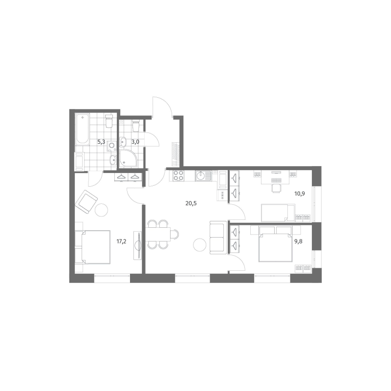 4-комнатная (Евро) квартира, 70.9 м² в ЖК "Парусная 1" - планировка, фото №1