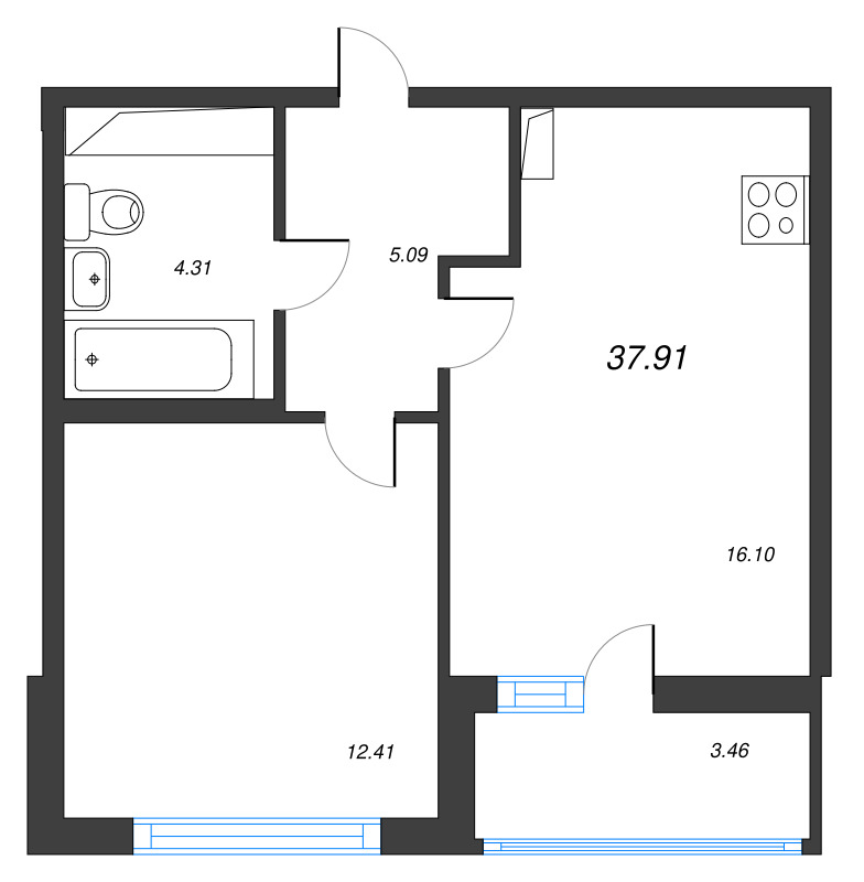 2-комнатная (Евро) квартира, 37.91 м² - планировка, фото №1