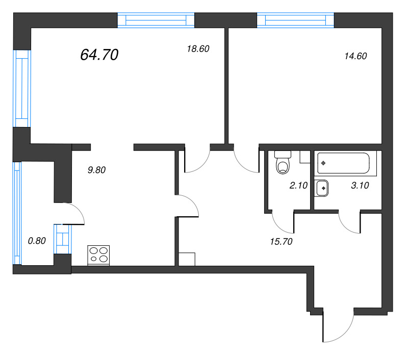 2-комнатная квартира, 65.01 м² - планировка, фото №1