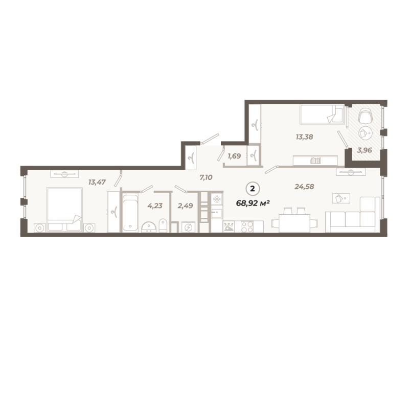 3-комнатная (Евро) квартира, 68.92 м² в ЖК "Знатный" - планировка, фото №1