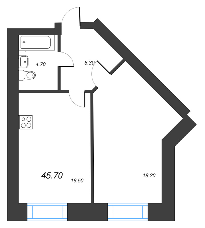 1-комнатная квартира, 45.7 м² в ЖК "Листва" - планировка, фото №1