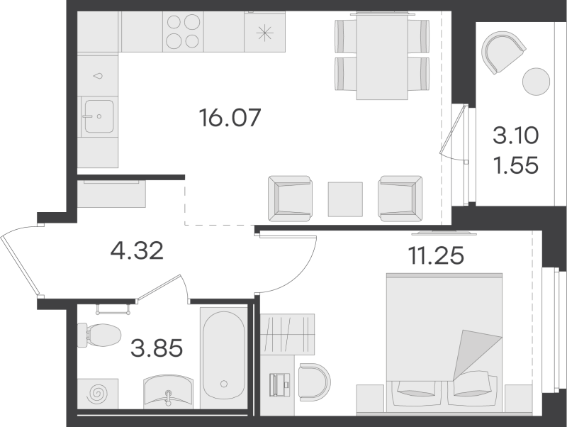 2-комнатная (Евро) квартира, 37.04 м² - планировка, фото №1