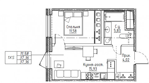 2-комнатная (Евро) квартира, 35.63 м² - планировка, фото №1