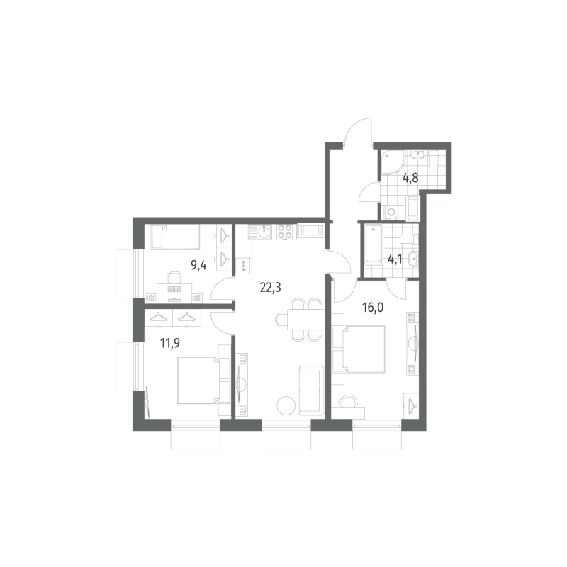 4-комнатная (Евро) квартира, 75.4 м² в ЖК "Парусная 1" - планировка, фото №1