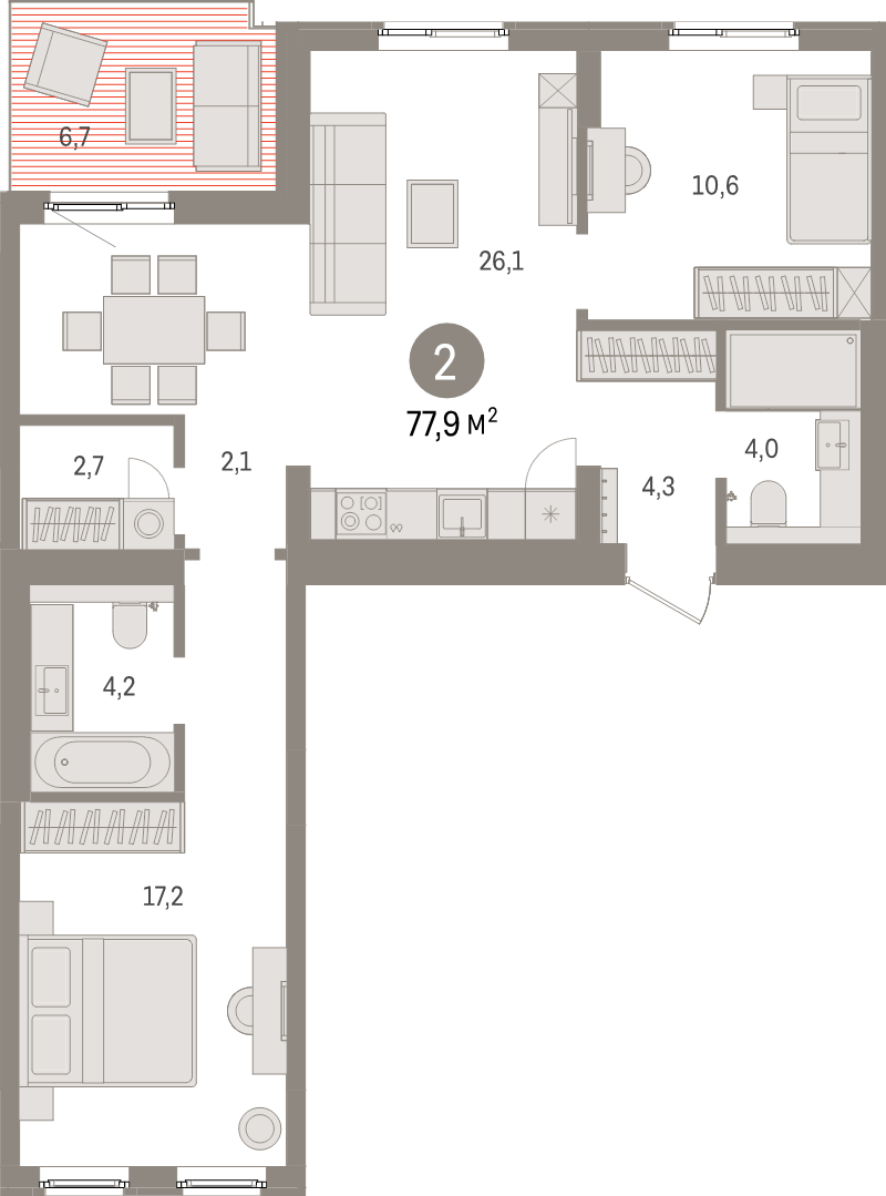 3-комнатная (Евро) квартира, 77.9 м² в ЖК "Брусника в Новоселье" - планировка, фото №1