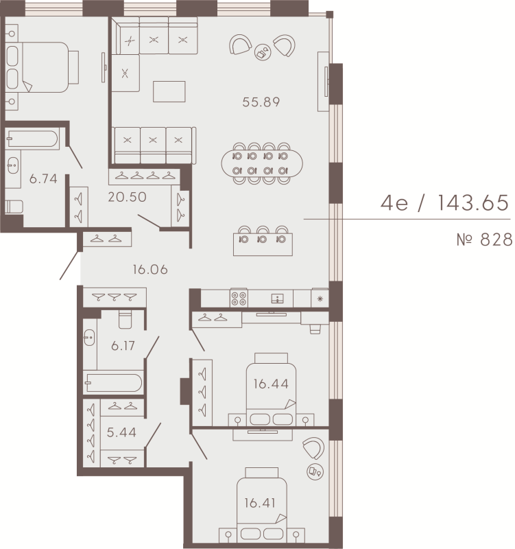 4-комнатная (Евро) квартира, 143.65 м² в ЖК "17/33 Петровский остров" - планировка, фото №1