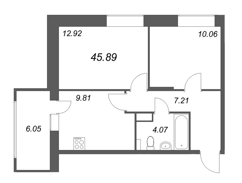 2-комнатная квартира, 45.89 м² - планировка, фото №1