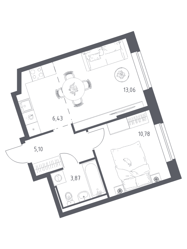 2-комнатная (Евро) квартира, 39.24 м² в ЖК "Живи! В Рыбацком" - планировка, фото №1