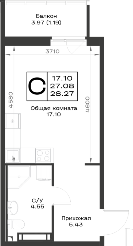 Квартира-студия, 28.27 м² в ЖК "Имена" - планировка, фото №1