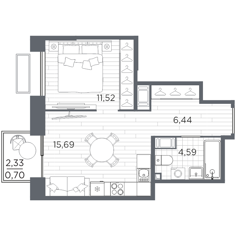 2-комнатная (Евро) квартира, 38.94 м² в ЖК "Respect" - планировка, фото №1